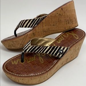 New Sam Edelman Stripe Fur Cork Wedge Sandals